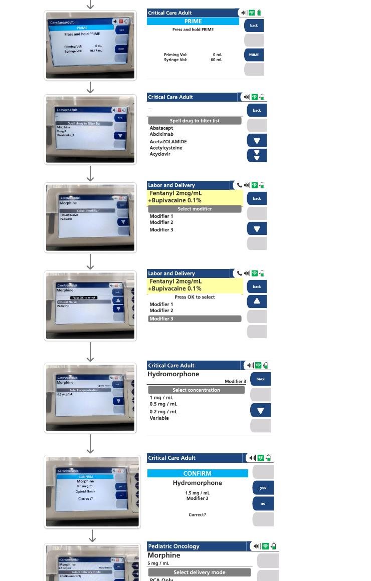 Screen flow: patient-disconnection confirmation, press and hold priming with volume readouts, and spell-to-filter drug library